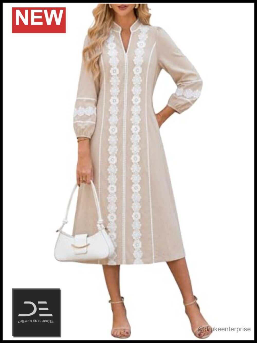 Women's Embroidered Lace Floral Tunic Dress 3/4 Puff Sleeve V Neck Midi Dress